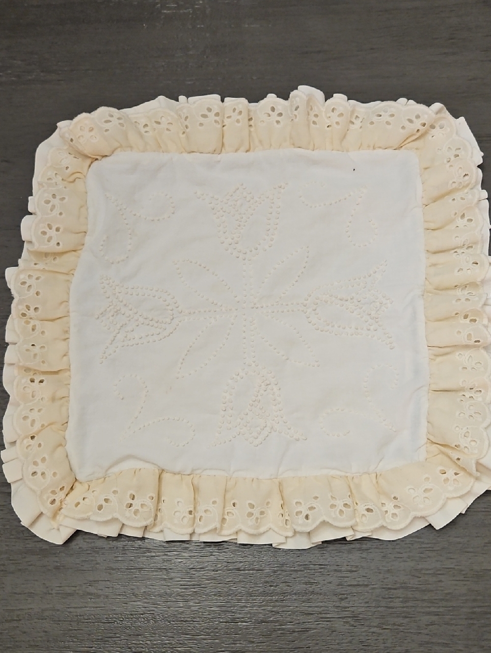 Hand Sewn And Needlepoint Pillow Case 14.5"x14.5" Ruffled Eyelet Ivory VGUC